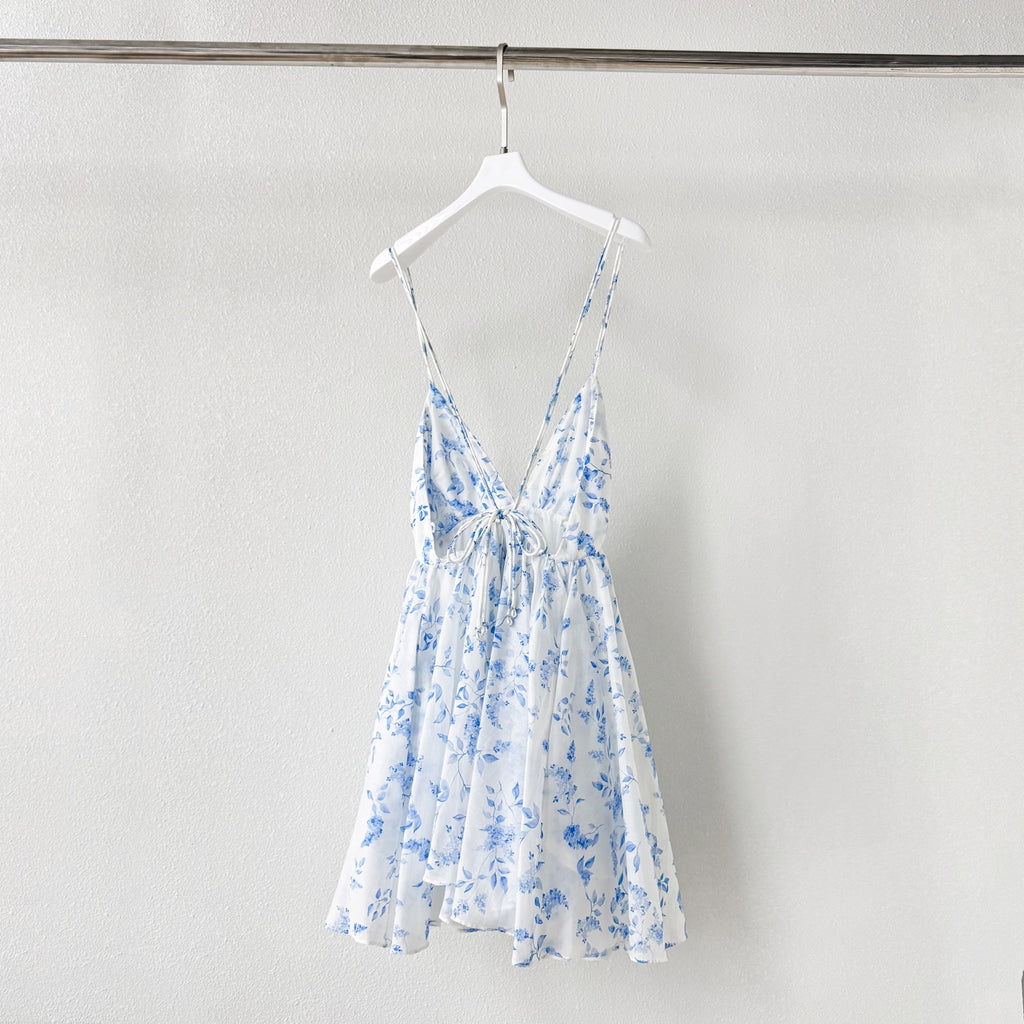Light Blue White Tiny Floral Print V-Neck Camisole Mini Dress