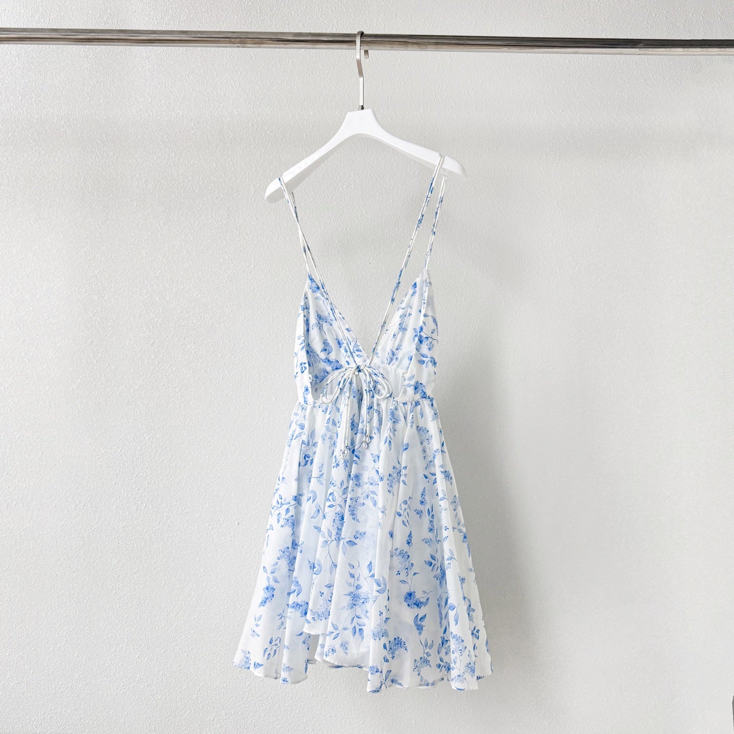 Light Blue White Tiny Floral Print V-Neck Camisole Mini Dress