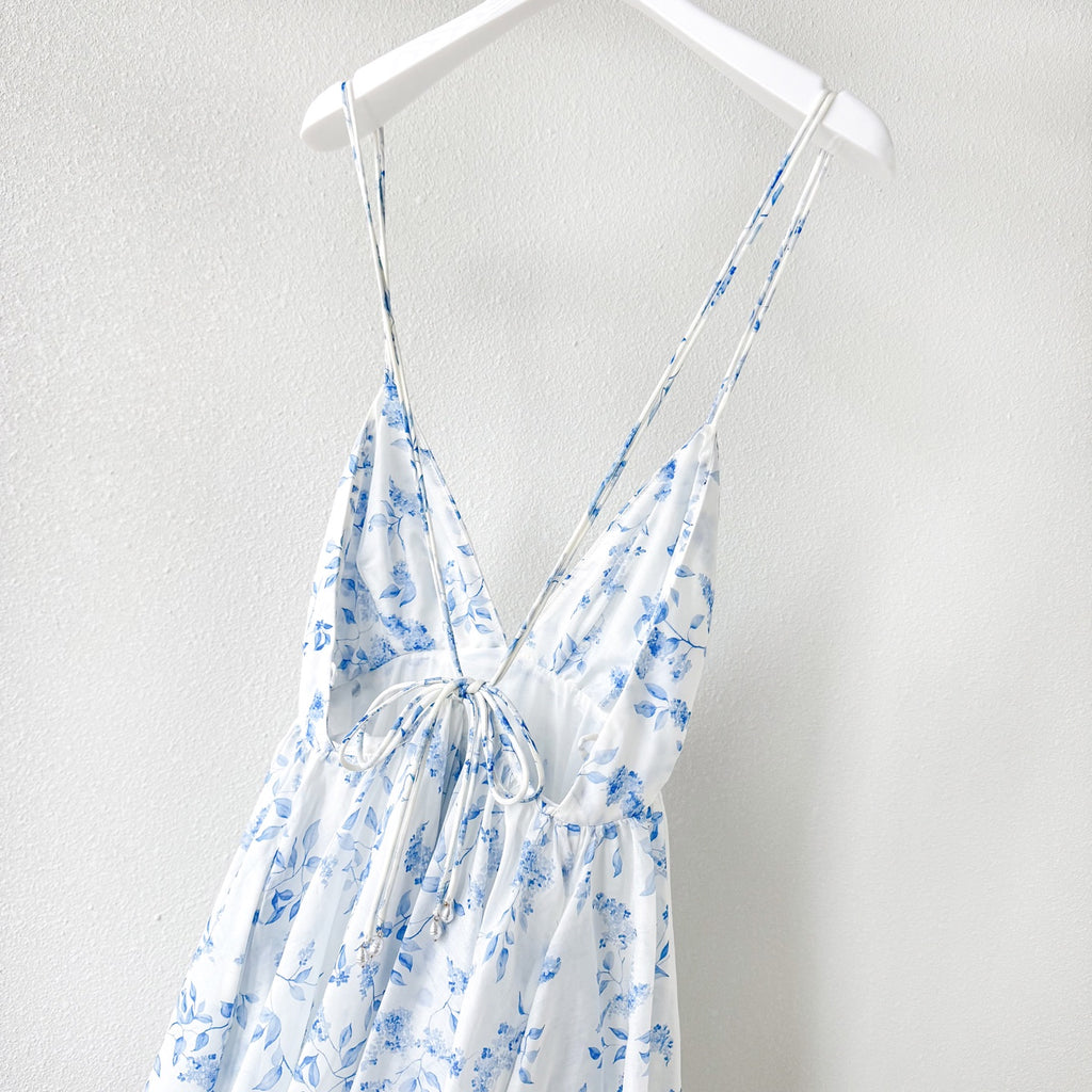 Light Blue White Tiny Floral Print V-Neck Camisole Mini Dress