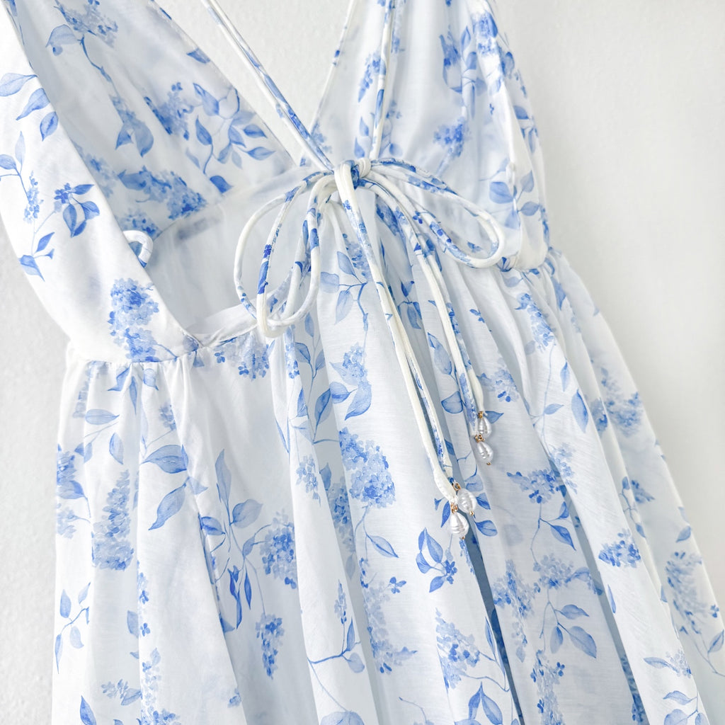 Light Blue White Tiny Floral Print V-Neck Camisole Mini Dress