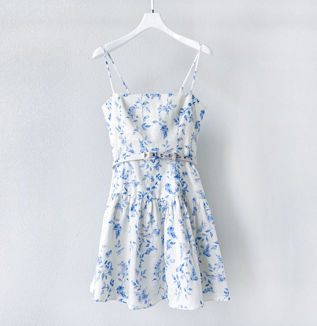 White Base Blue Small Floral Print Belted Camisole Mini Dress