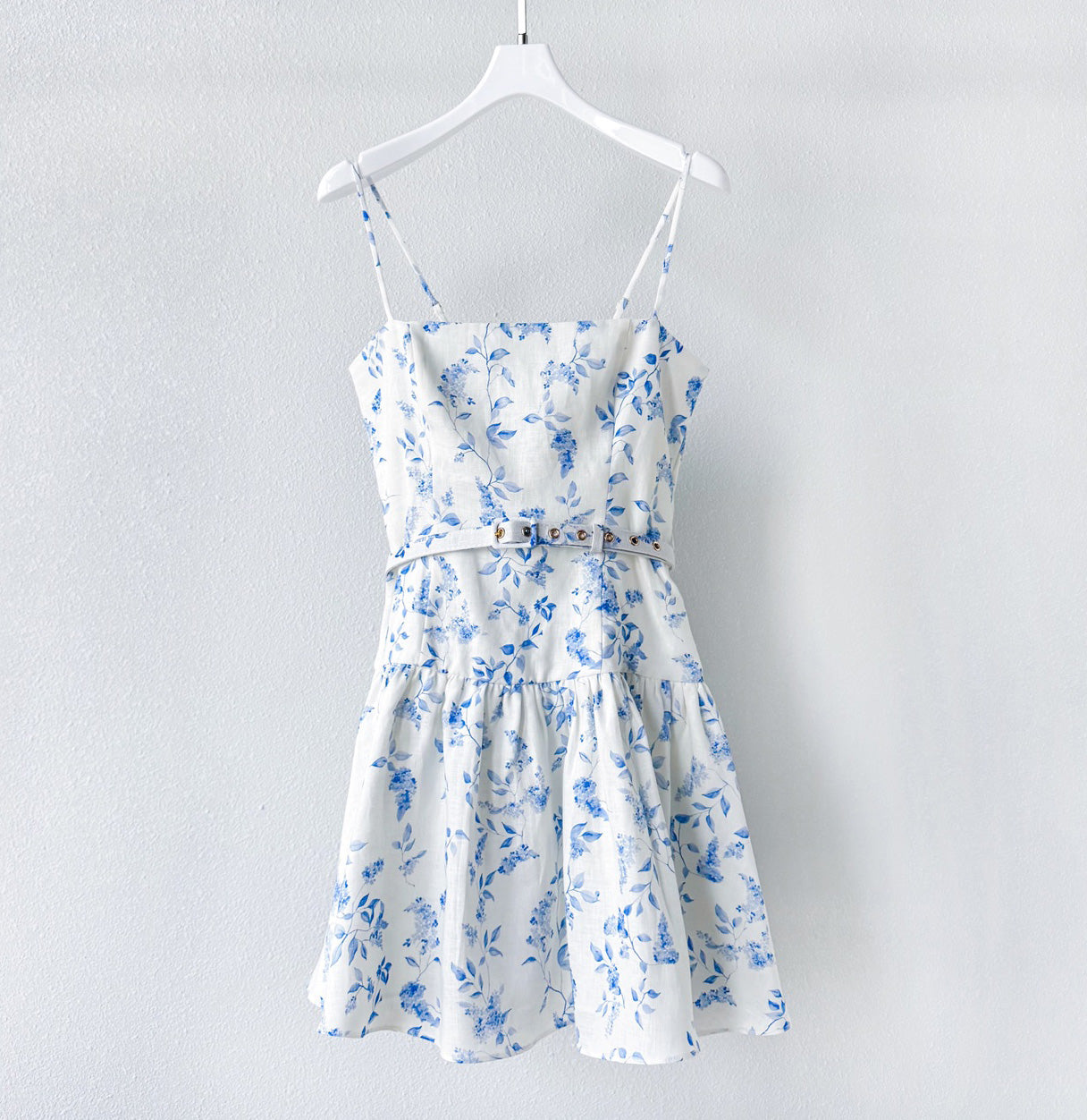 White Base Blue Small Floral Print Belted Camisole Mini Dress