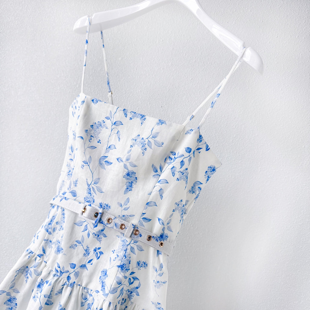 White Base Blue Small Floral Print Belted Camisole Mini Dress