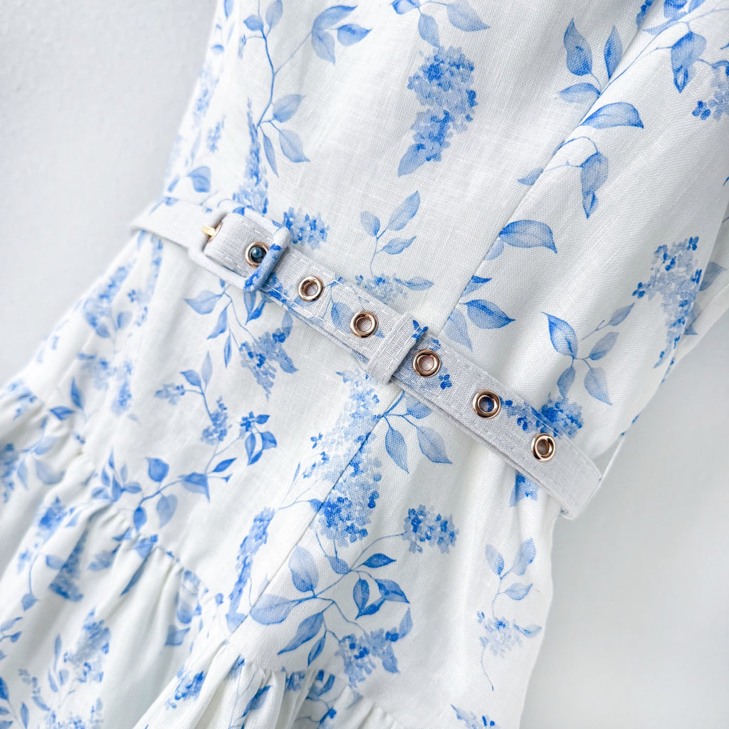 White Base Blue Small Floral Print Belted Camisole Mini Dress