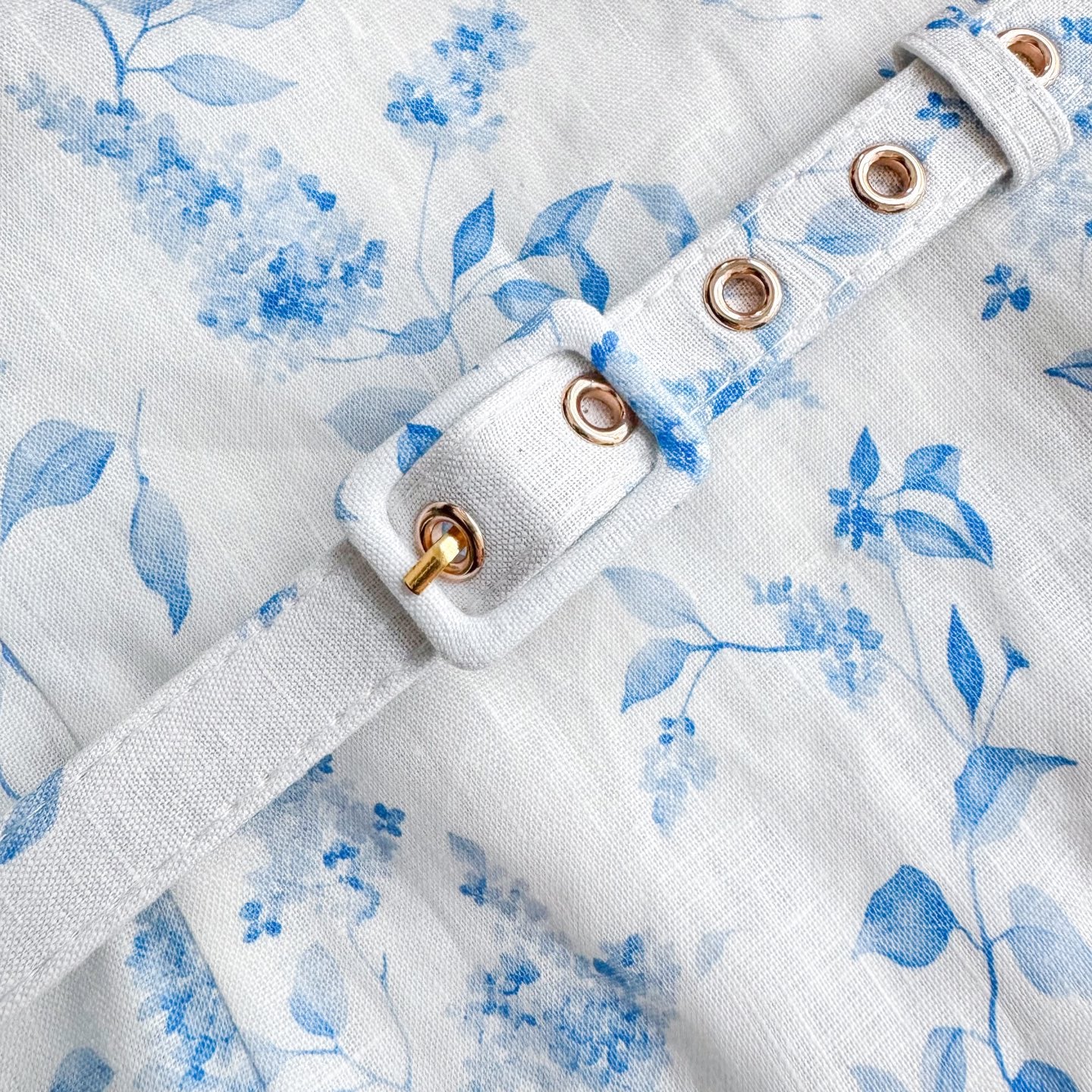 White Base Blue Small Floral Print Belted Camisole Mini Dress