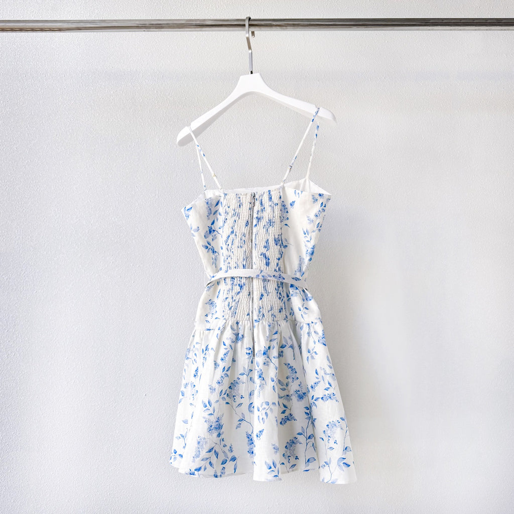 White Base Blue Small Floral Print Belted Camisole Mini Dress