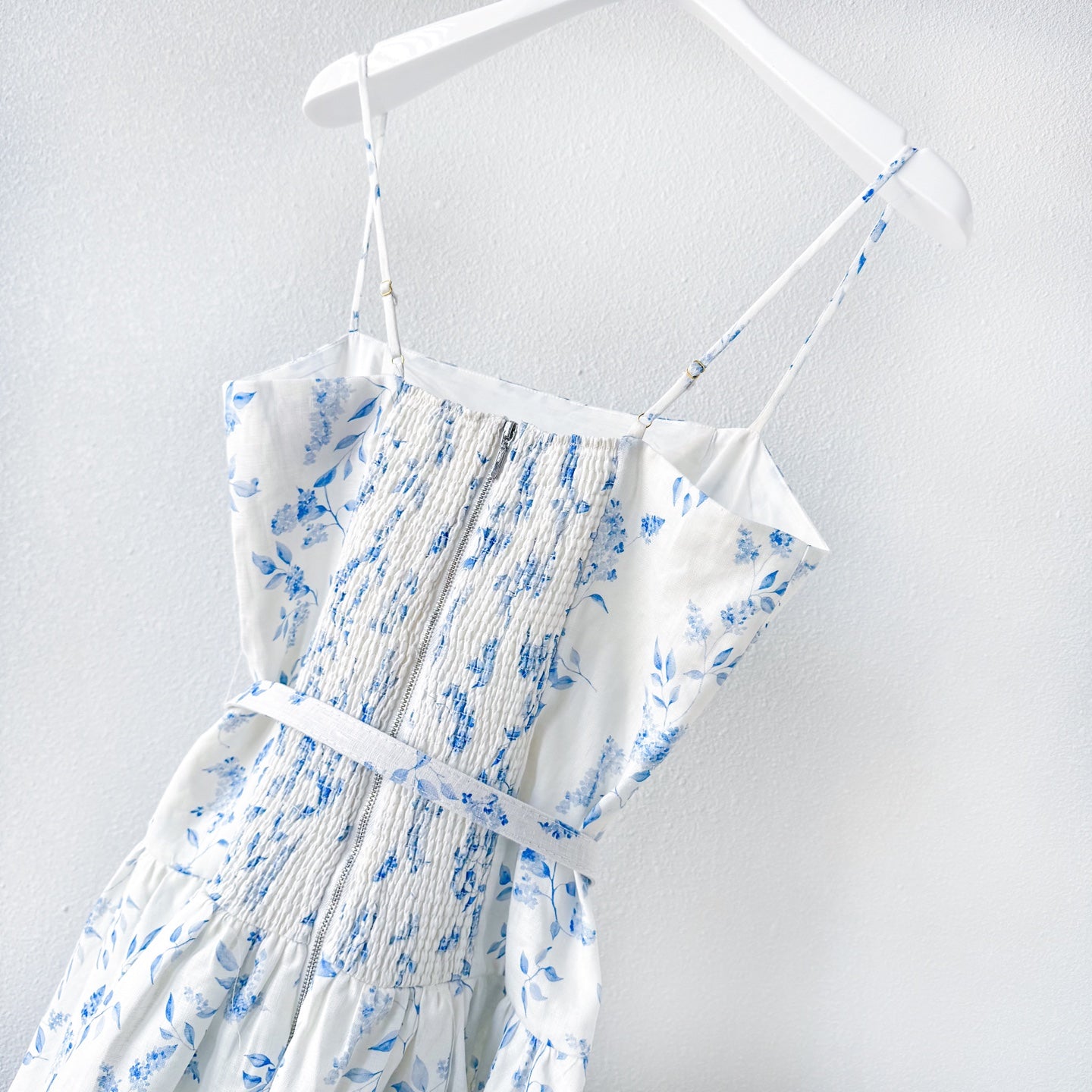 White Base Blue Small Floral Print Belted Camisole Mini Dress