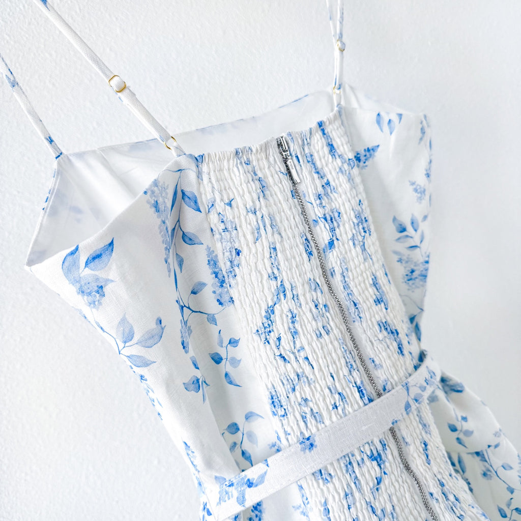 White Base Blue Small Floral Print Belted Camisole Mini Dress