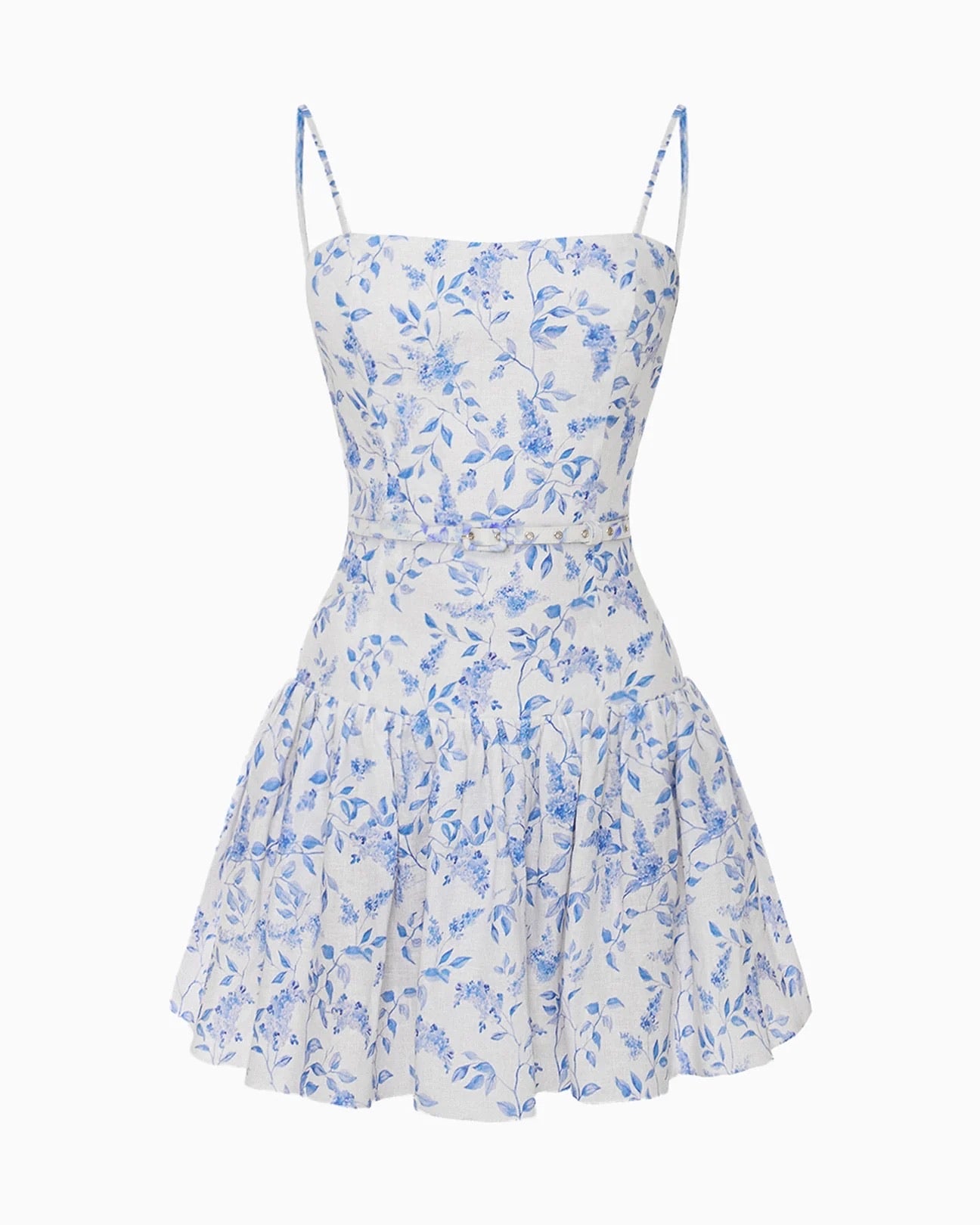 White Base Blue Small Floral Print Belted Camisole Mini Dress