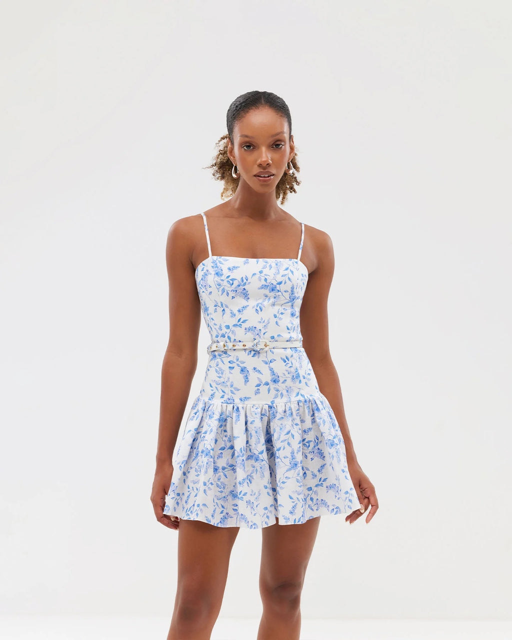 White Base Blue Small Floral Print Belted Camisole Mini Dress