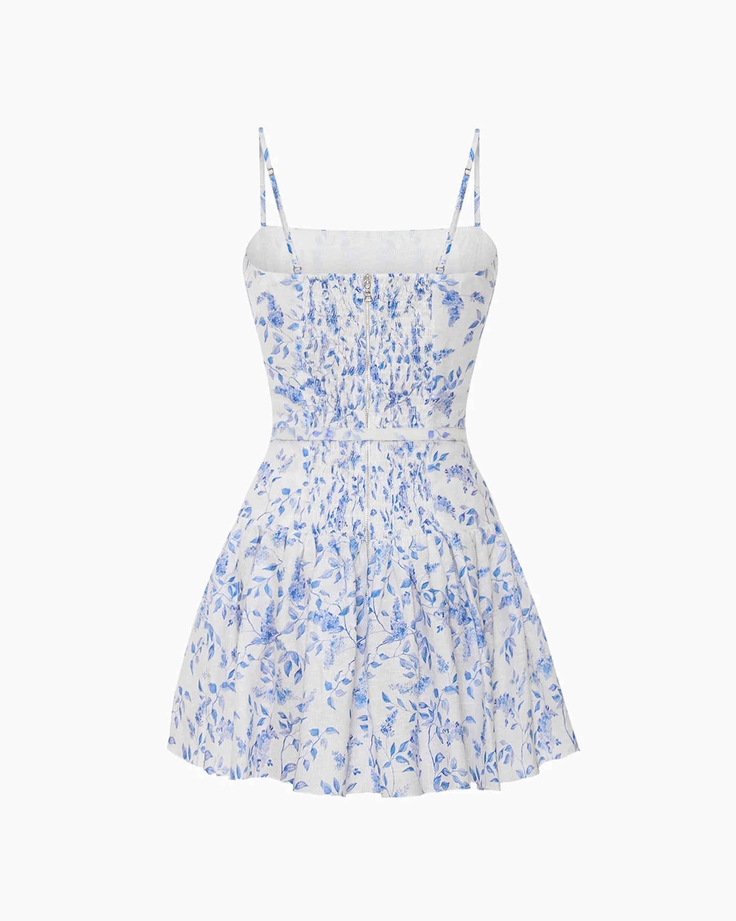 White Base Blue Small Floral Print Belted Camisole Mini Dress