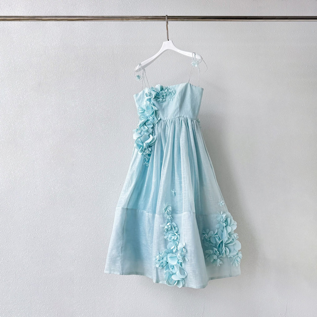 Light Blue Raised Floral Spaghetti Strap Full Swing Maxi Dress