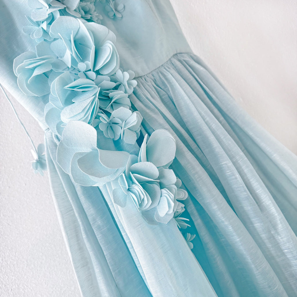Light Blue Raised Floral Spaghetti Strap Full Swing Maxi Dress