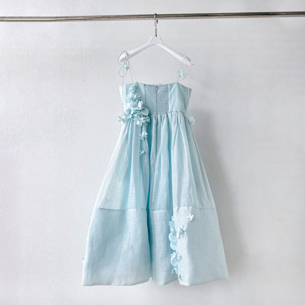 Light Blue Raised Floral Spaghetti Strap Full Swing Maxi Dress