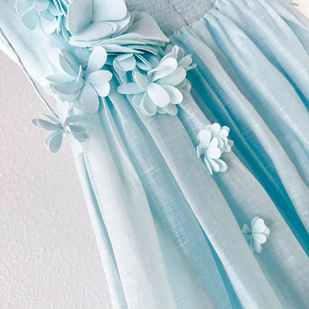 Light Blue Raised Floral Spaghetti Strap Full Swing Maxi Dress
