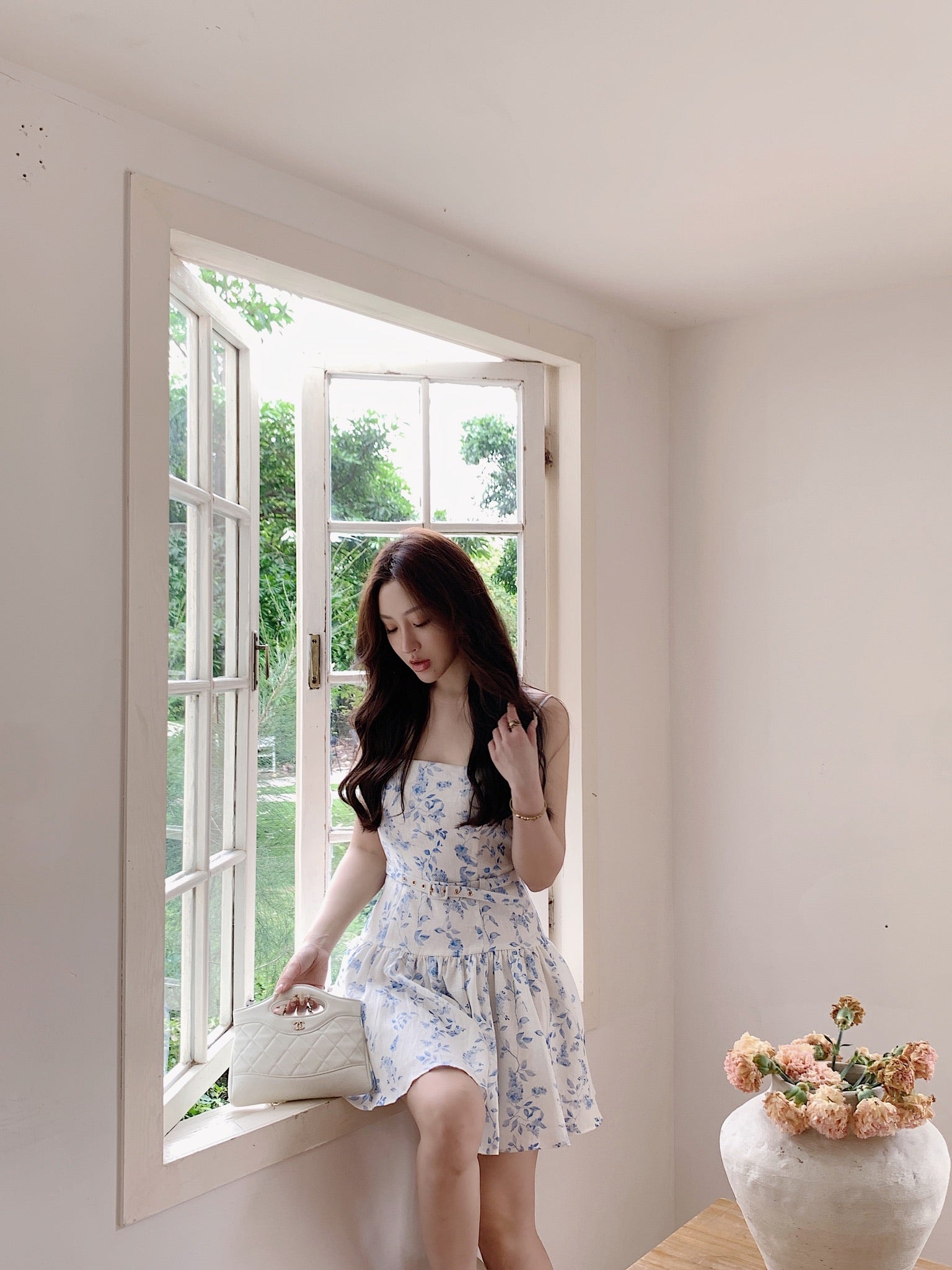 White Base Blue Small Floral Print Belted Camisole Mini Dress