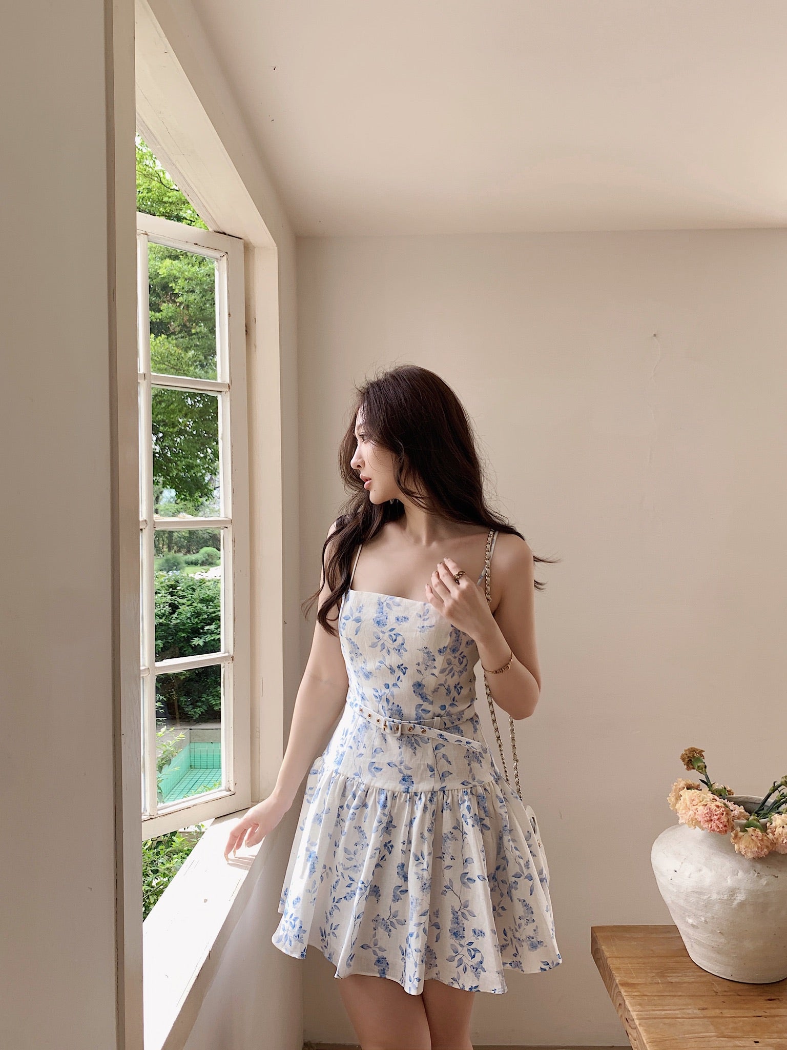 White Base Blue Small Floral Print Belted Camisole Mini Dress
