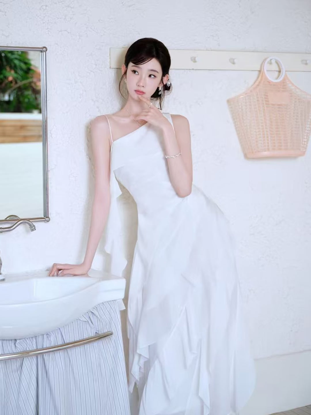 Irregular ruffled chiffon long dress